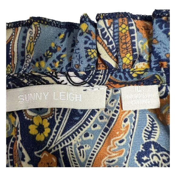 Sunny Leigh Blue Print Peasant Top Sz LARGE Tie Neck Ruffle Collar Puff Sleeves - Picture 5 of 7